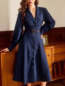 Vintamour Robe vintage classique élégante pour femme, robe à col rabattu ajustée avec poches utilitaires, manches longues, bleue