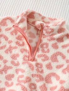 Cozy Pixies 女童豹纹保暖内衬圆领半拉链套头卫衣