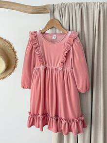 Blossori Young Girls' French Elegant Ruffle Trim Velvet Long Sleeve Dress - Pink - View 2