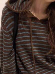 女士条纹极简连帽毛衣，日常休闲针织套头衫，秋冬季