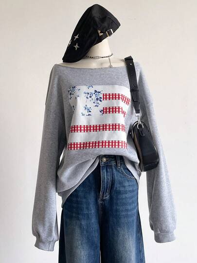 Sweetra Young Teen Girl Casual Fashion Street Style Asymmetrical Shoulder Number 33 Graphic Long Sleeve Sweatshirt, Autumn/Winter