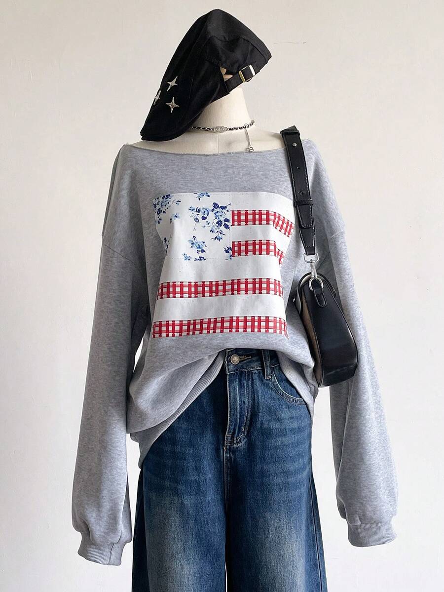 Sweetra Young Teen Girl Casual Fashion Street Style Asymmetrical Shoulder Number 33 Graphic Long Sleeve Sweatshirt, Autumn/Winter