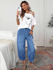 EMERY ROSE Quần jean nữ dáng rộng cạp chun màu trơn, dáng suông, thường ngày - Màu xanh lam - Xem 5