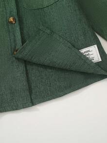 SHEIN 男童休闲日常通勤字母拼布口袋立领长袖衬衫，秋季/春季 - 綠色 - 查看 6