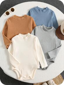 SHEIN 4件套新生儿男女通用休闲针织弹力条纹长袖连体衣，婴儿冬季服装摩卡色婴儿服装中性婴儿服装男女通用男婴上衣连体衣 - 彩色 - 查看 3