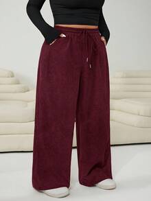 Solflare Plus Size Casual Corduroy Drawstring Waist Loose Pants, Wine Red, Autumn - Burgundy - View 4