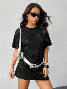 SHEIN PETITE 银色落肩闪光演唱会服装T恤连衣裙 - 黑色 - 查看 5