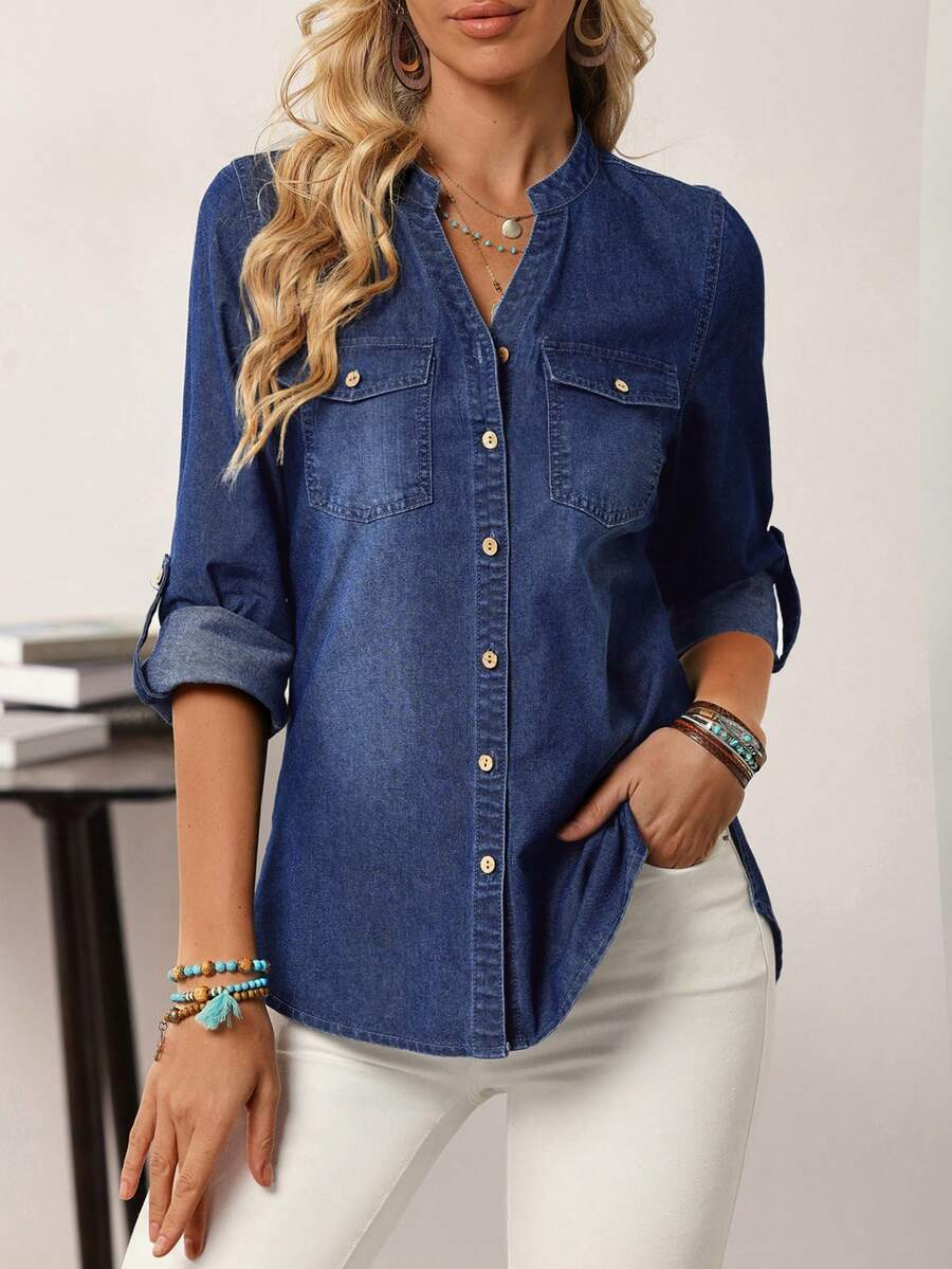 EMERY ROSE Women's Casual Notch Collar Denim Blouse, Autumn - Dark Wash - View 1