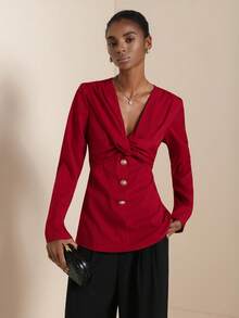 SHEIN Veneréa Women's Elegant Metal Buckle V-Neck Shoulder Ruched Chest Crossed Ruched Waist Commuting Shirt - Red - View 7