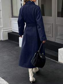 Xyvia 秋冬女装休闲高领纽扣腰带中长款毛呢大衣，老钱风女装/女士办公装/外出装，女士秋装 - 藏蓝色 - 查看 2