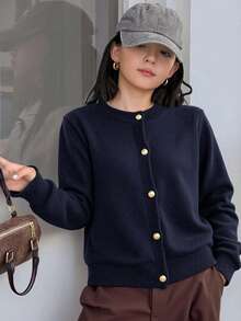 DAZY Tween Girl Round Neck Long Sleeve Button Front Knit Casual Cardigan - Navy Blue - View 6