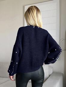 SHEIN Tall Round Neck Ribbed Pearl Knit Pullover, Casual Daily Wear - Navy Blue - View 2