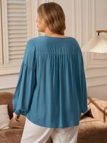 Rosumi Plus Size V-Neck Dropped Shoulder Lantern Sleeve Elegant Embroidered Blouse, Autumn/Winter,2025 New - Teal Blue - View 3