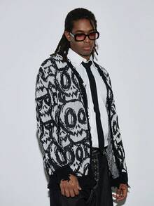 Modcrash Men's Street Style Skull Print Button-Down Casual Loose Fit Long Sleeve V-Neck Cardigan, Autumn/Winter - Black - View 7