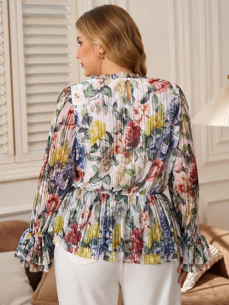 Plus Size Elegant Floral Print Flare Sleeve Blouse, Autumn Women Long Sleeve Blouse  Stylish Clothing Collection Elegant Party Clothes For New Year Christmas Clothes For Women  Winter Clothes For Women