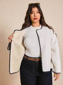 Elaquor Plus Size Winter Casual Simple All-Match Versatile Fleece Contrast Color Dogtooth Trim Boxy White Women Jacket - Beige - View 7