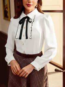 Vintamour Áo sơ mi nữ thanh lịch cổ điển viền nơ tương phản viền bèo nhún cài nút áo cánh thường ngày làm việc kỳ nghỉ mùa thu mùa thu cho phụ nữ mùa thu cho phụ nữ mùa thu cho phụ nữ mùa đông cho phụ nữ mùa đông Giáng sinh cho phụ nữ Giáng sinh cho phụ nữ áo cánh thanh lịch cho phụ nữ, áo sơ mi trắng - trắng - Xem 3