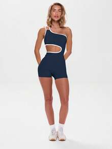 Musera Sport 不对称领口撞色滚边镂空连体运动服，适合健身、板式网球、网球、匹克球、健身房、秋季瑜伽、普拉提、日常休闲穿着。 - 藏蓝色 - 查看 4