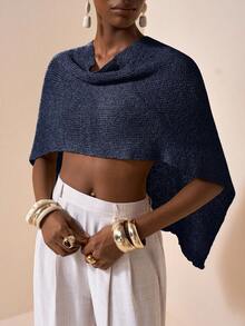 Zivah 性感披肩斗篷百搭针织披肩细肩带 V 领不对称肩部设计上衣，度假风格 - 藏蓝色 - 查看 4