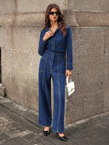 Selenza 女士时尚休闲松紧腰洗水长款牛仔连体裤 - 深色水洗藍 - 查看 6