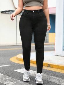 SHEIN EZwear Quần jean bó màu trơn đơn giản, lót nhiệt, dáng rộng, dễ mặc hàng ngày, thu/đông dành cho nữ cỡ lớn - màu đen - Xem 3