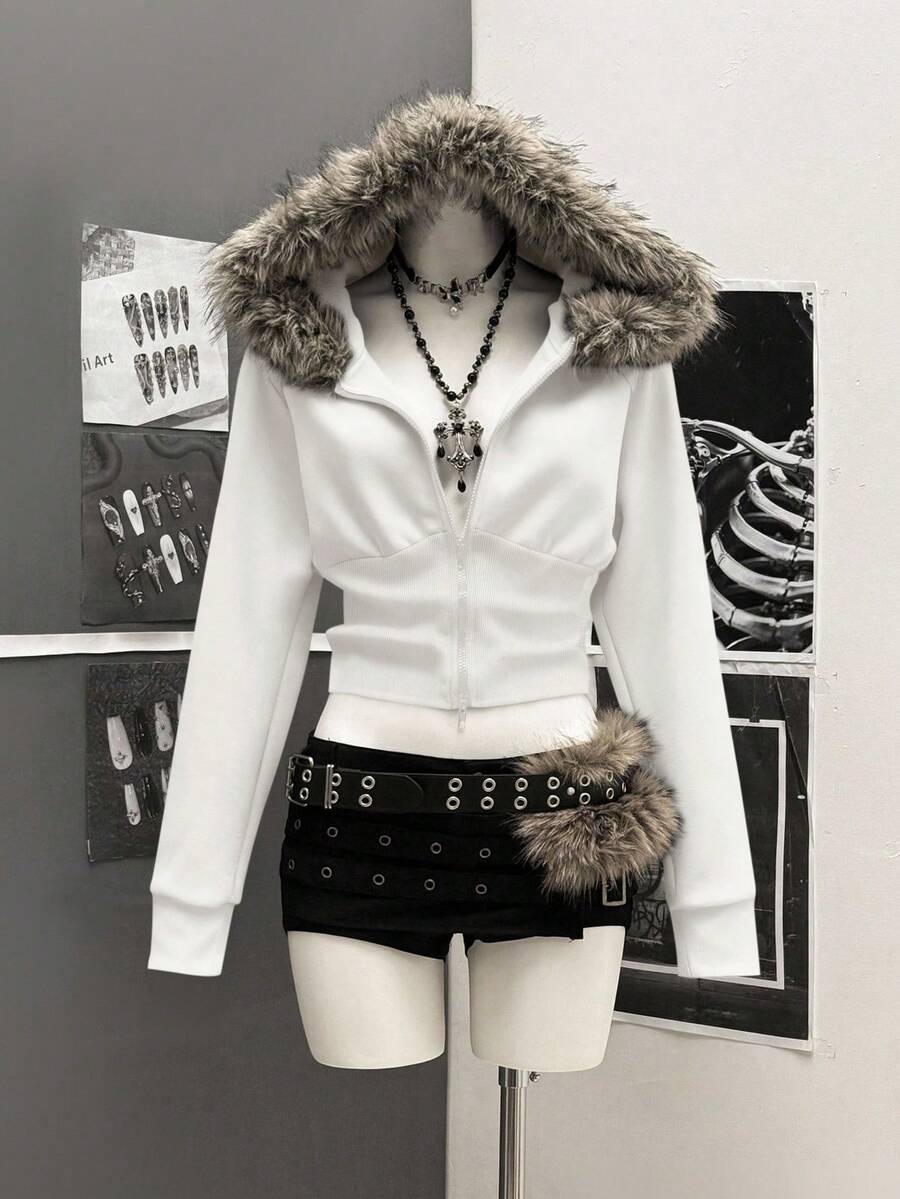 StreetHx 女式街头风连帽毛领修身长袖夹克，秋季 - 白色 - 查看 1