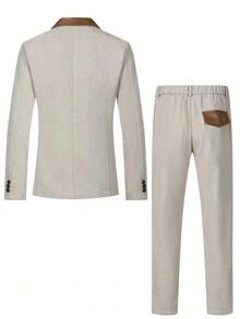 Calvornis Men's Beige Summer Suits,Formal Blazer And Pants Set For Wedding,Graduation & Semi-Formal Occasions,Contrast Color Long Sleeve Top,Cream Daily Suit - Khaki - View 4