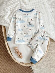 Loomiva 2pcs Baby Boy Cartoon Animal Print Soft Knit Crew Neck Long Sleeve Top And Elastic Waist Long Pants Snug Fit Pajama Set