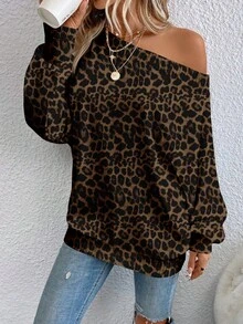 EMERY ROSE Women's Casual Leopard Print Off-Shoulder Sweater, Suitable For Autumn/Winter,Cheetah Print - Multicolor - View 4