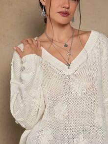 SHEIN VCAY Áo len dài tay cổ chữ V màu trơn cỡ lớn dành cho nữ - trắng - Xem 2