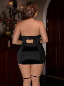 SHEIN 4件套弹力缎面撞色蕾丝钢圈性感睡衣 - 黑色 - 查看 2