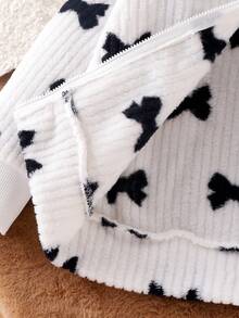 Elladie kids 女童可爱黑色蝴蝶结条纹毛绒时尚舒适秋冬连帽长袖外套，儿童舒适百搭开衫 - 米色 - 查看 8