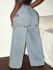 Slaydiva Plus Size Denim 2-In-1 Detachable Wide-Leg Pants,Fall Clothes For Women - Blue - View 7