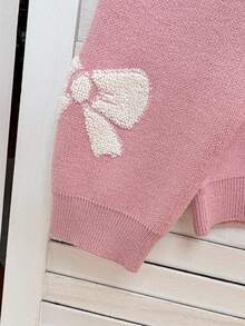 SHEIN 女童粉色底白色蝴蝶结图案长袖毛衣 - 粉色 - 查看 5