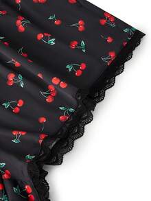 LUVLETTE 夏季加大码丝滑缎面蕾丝边V领度假樱桃图案吊带背心和短裤套装，轻盈透气家居服，性感圣诞新年睡衣套装，2026年新款女士内衣情人节款 - 黑色 - 查看 4