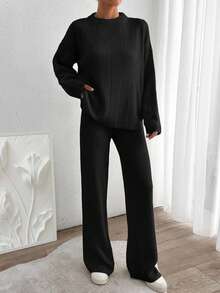 SHEIN Cottnline Women Solid Color Rib Knit Sweater & Sweater Pants Set - Black - View 7