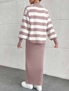 EURMUSE 2件套：女式罗纹落肩毛衣和针织连衣裙 - 淺粉色 - 查看 2