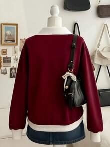 Lalippa Áo nỉ Raglan dáng rộng, khóa kéo nửa, phong cách đại học, thường ngày, đi làm, màu tương phản, dành cho nữ, mùa xuân/thu - Màu Đỏ Sâu - Xem 2