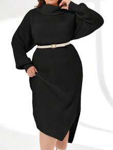 SHEIN Cottnline High Neck Raglan Sleeve Slit Thigh Sweater Dress (No Belt) - Black - View 4
