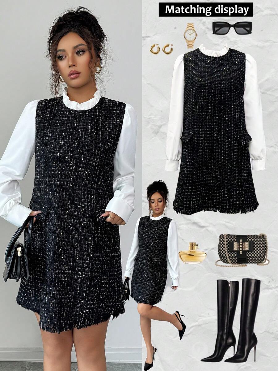 Rafferiza Elegante abito nero corto con patchwork, di stile alla moda e minimalista, abito di alta gamma per donna per l'autunno/inverno - Multicolore - Visualizzare 1