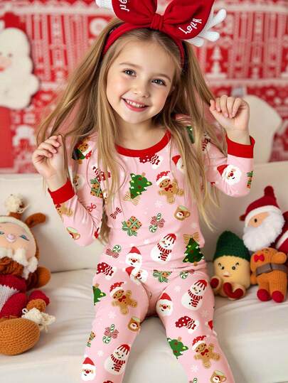 SHEIN Happikins Fairy Tale Soft Mist Pink Christmas, Cute Festive Cartoon Christmas Tree, Santa Claus, Snowflake, Candy Cane, Bow, Christmas Stocking Print, Young Girl Casual Cozy Warm Soft Long Sleeve Pajama Set Suitable For Autumn/Winter Home, Christmas, New Year, Daily Wear, Little Girl Pajamas Set, Cream Pink Christmas Pajamas, Snuggle Fit Single Pajamas, Long-Sleeve Snug Fit 2-Piece Pajamas