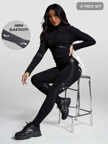 Innovista Women's Solid Color Long Sleeve Top And Pants Slim Fit Cycling Outfit Workout F/W Athletic Wear, Utilitarian Chic - Black - View 12