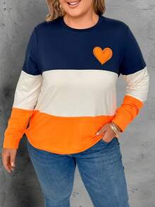 Calvaya Plus Size Round Neck Heart Striped Print Long Sleeve Casual T-Shirt Graphic Tees Women Tops For Spring - Multicolor - View 6