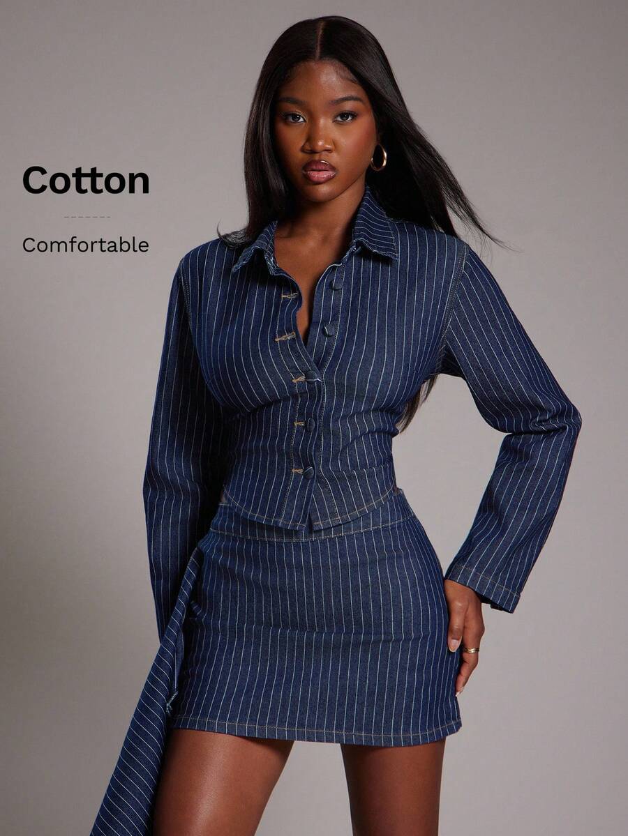 NYA SZN Áo khoác denim dáng ngắn tay dài cài nút, họa tiết sọc, ôm sát, phong cách đường phố, thường ngày, công sở, mùa thu đông, phù hợp đi làm, dự lễ hội, lễ hội hóa trang dành cho nữ. - Rửa tối - Xem 1