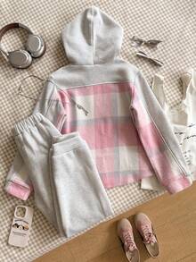 2pcs/Set Casual Plaid Patchwork Sweatshirt For Tween Girls Comfortable & Thick For Outdoor Activities - Light Grey - View 2