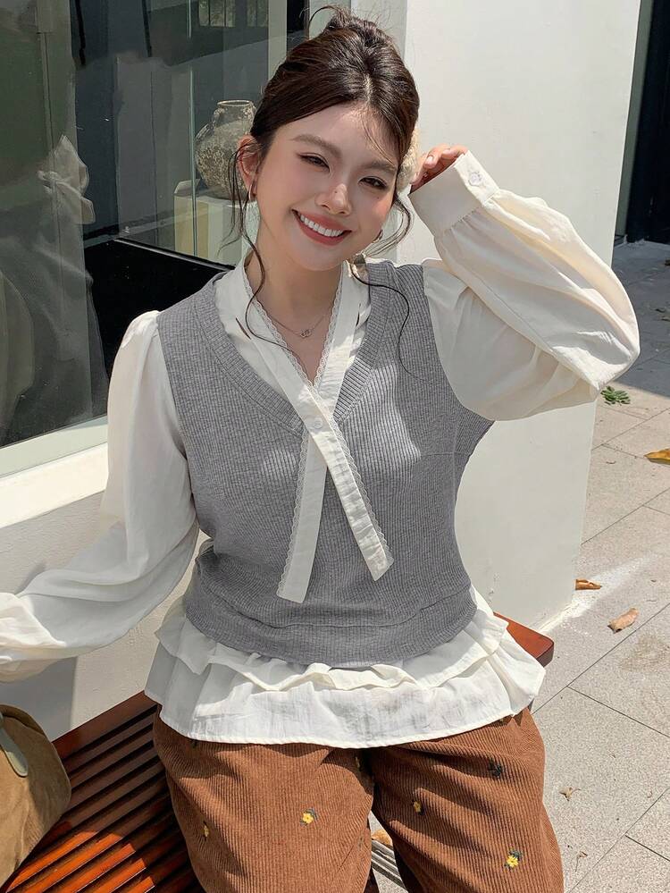 Dazy Plus Contrast Color Block Lantern Sleeve Doll Hem Crew Neck Casual Long Sleeve Plus Size Women T-Shirt, Spring/Autumn