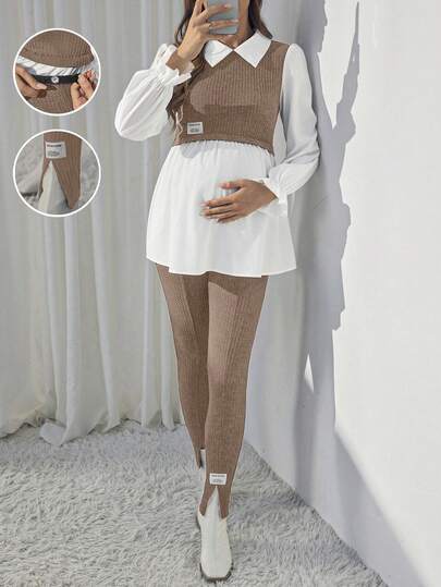 SHEIN Îmbrăcăminte de primăvară și de vară de maternitate, la modă nouă, set de două piese cu mâneci lungi, cu cusături ocazionale