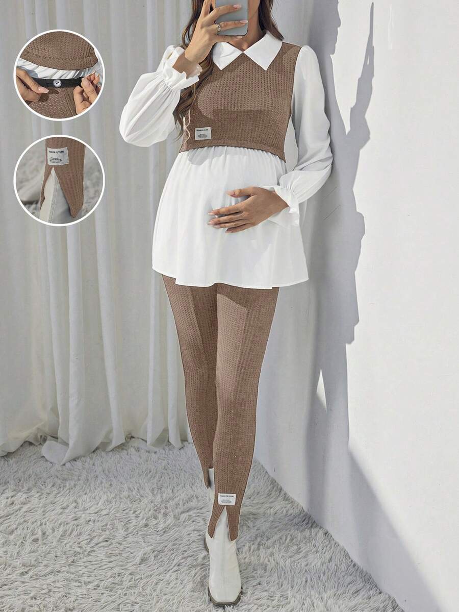 SHEIN 孕妇装春夏装新款时尚休闲拼接拼色长袖两件套 - 駝色 - 查看 1