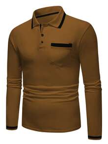 Manfinity Homme 男士休闲撞色滚边纽扣半开襟贴袋长袖 Polo 衫，秋季金色男士衬衫，男士休闲上衣，男士棕色上衣，男士卡其色衬衫，男士长袖 Polo 衫 - 鏽棕色 - 查看 4