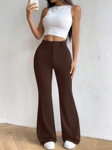 Flirla Quần ống loe cạp cao thời trang đa năng màu trơn thường ngày dành cho nữ - màu nâu - Xem 4